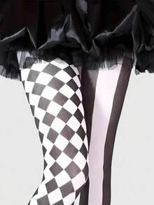 ROMWE Goth 1件装高弹力黑白格子不对称性感女士内裤/打底裤/紧身裤，适合体重80-130磅的女性 - 黑與白 - 查看 2