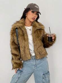 SHEIN PETITE Short Solid Color Fluffy Patchwork Fluffy Coat Y2k Fur Jacket In Fall/Winter ,Petite Women - Camel - View 3