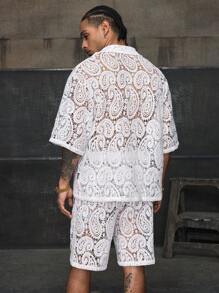 AXEPEAK Men's Summer Holiday Milk Silk Embroidered Textured Hollow-Out Casual Short Sleeve Shorts Set