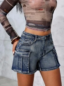 SHEIN Unity 女式休闲水洗低腰工装牛仔短裤，夏季 - 中等水洗藍 - 查看 6