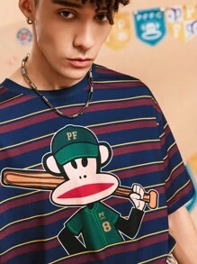 Paul Frank X SHEIN Men's Striped & Cartoon Graphic Round Neck Short Sleeve T-Shirt