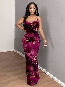 SHEIN SXY 女士休闲水墨画图案紧身连衣裙，适合夏季 - 紫色 - 查看 3