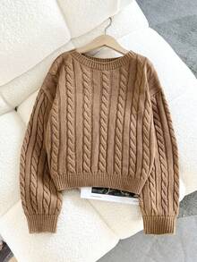 SHEIN Tween Girl 休闲纯色落肩宽松纹理针织短款毛衣，秋冬套头衫，麻灰色毛衣 - 卡其色 - 查看 6