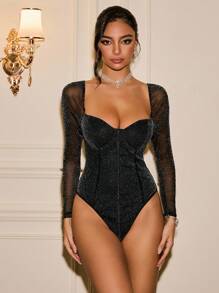 SHEIN Unity 雞心領口網紗拼接金屬亮絲連身背心 - 黑色 - 查看 1