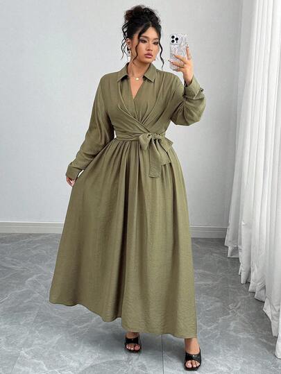 Elenzga Robe élégante et vintage pour femmes, convenant pour le bureau, les déplacements, les sorties décontractées, les vacances et le thé de l'après-midi. Robe longue à manches longues, col V, taille avec nœud, coupe évasée, en couleur unie kaki militaire, style sophistiqué à la française