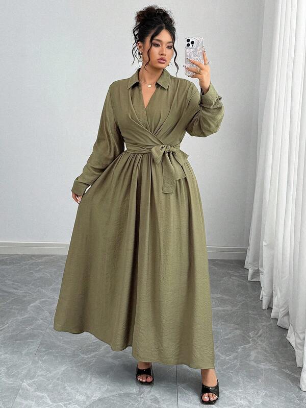 Elenzga Robe élégante et vintage pour femmes, convenant pour le bureau, les déplacements, les sorties décontractées, les vacances et le thé de l'après-midi. Robe longue à manches longues, col V, taille avec nœud, coupe évasée, en couleur unie kaki militaire, style sophistiqué à la française