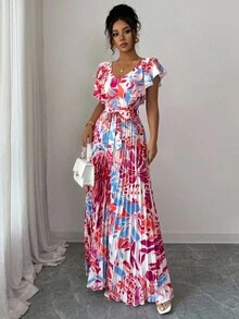 Elenzga 荷叶边袖 V 领度假 A 字腰褶皱优雅浪漫女式连衣裙 - 彩色 - 查看 6