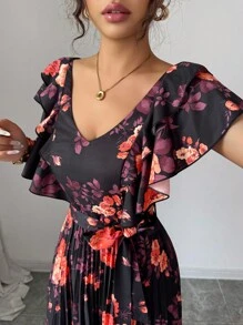 Elenzga فستان نسائي أنيق رومانسي بطبعة رقمية على الرقبة على شكل حرف V، بخصر مكشكش وتنورة على شكل حرف A، بأسلوب عطلة