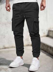 Manfinity Homme 男士休闲抽绳工装裤，多口袋工作裤，秋季 - 黑色 - 查看 1