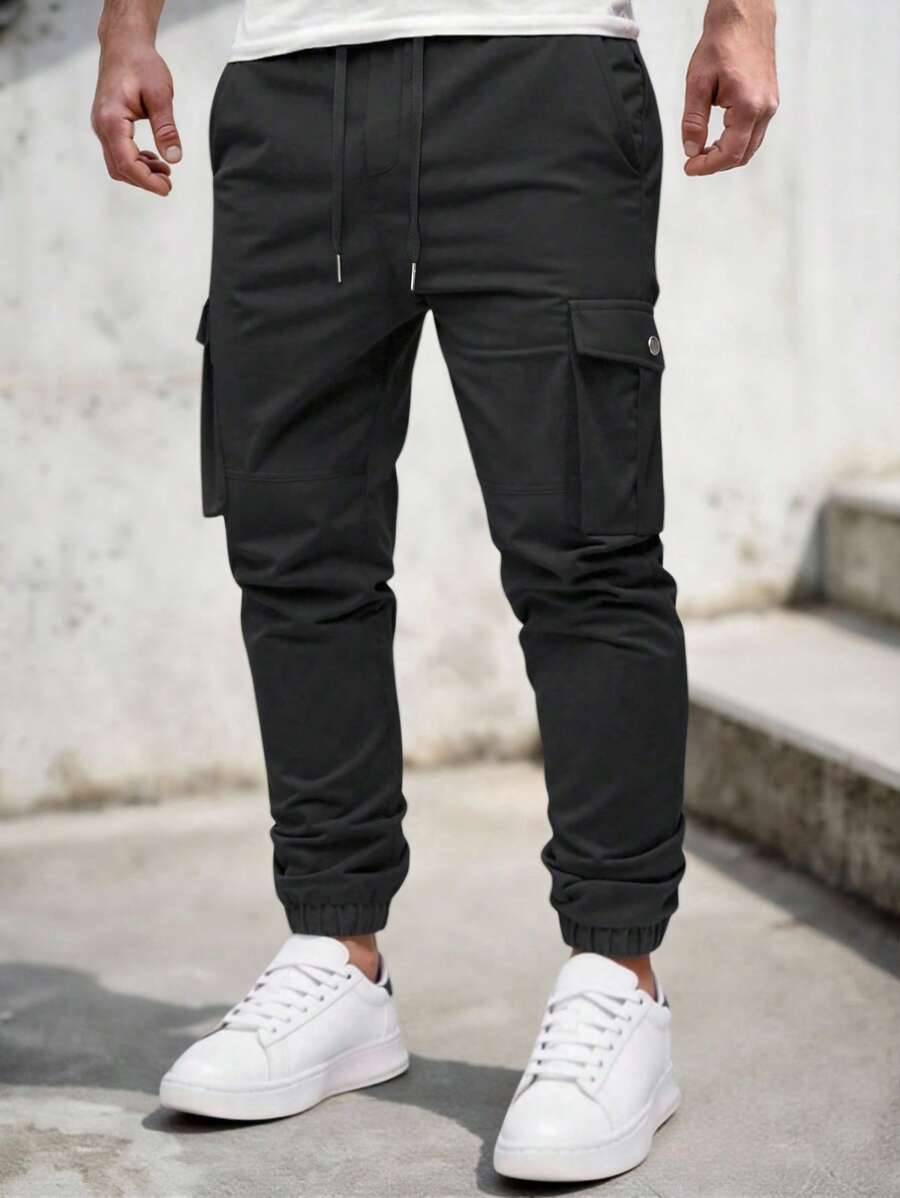 Manfinity Homme 男士休闲抽绳工装裤，多口袋工作裤，秋季 - 黑色 - 查看 1