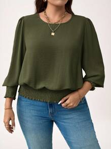 SHEIN LUNE Plus Size Casual Solid Color Lantern Sleeve Blouse, New Years Holiday Green Top,Fall Clothes For Women