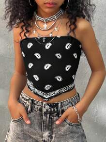 Coolane 青少年女孩春夏街头服饰 Y2K 必备腰果花图案紧身衣抹胸上衣，返校季