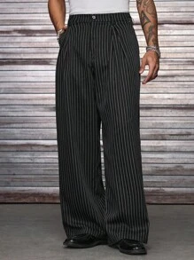 AXEPEAK 大码男士休闲日常通勤条纹侧袋阔腿裤 - 黑色 - 查看 4