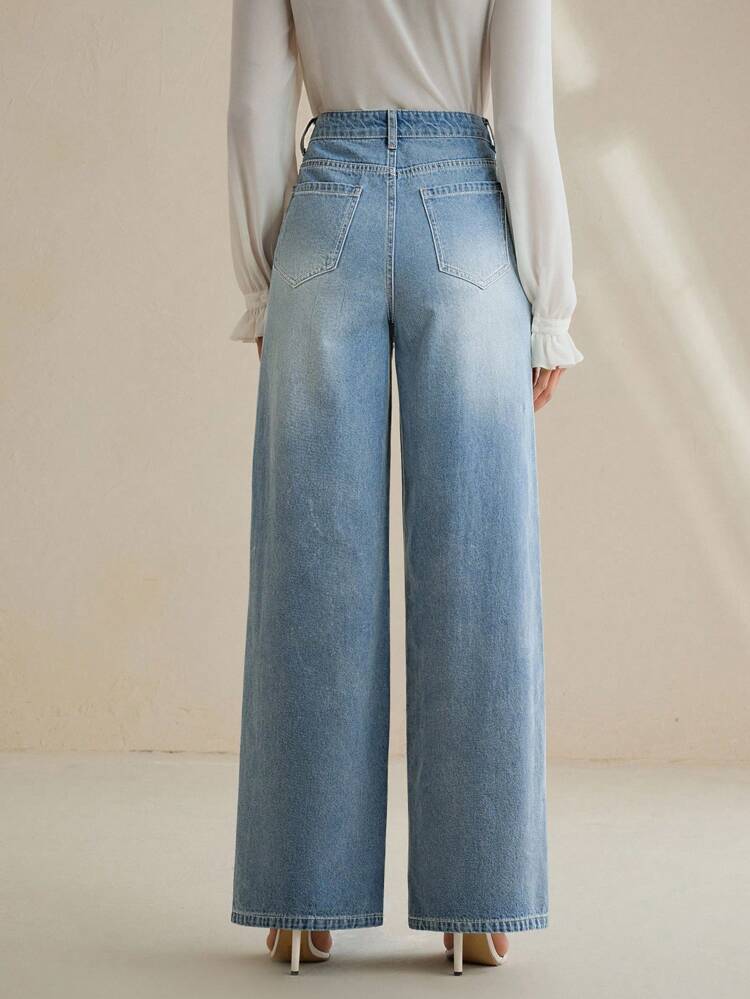 Fashionable Casual Hollow-Out Embroidery Blue Denim Women Trousers Jeans