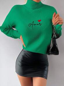 EURMUSE 字母和愛心圖案高領落肩袖套頭毛衣 - 綠色 - 查看 3