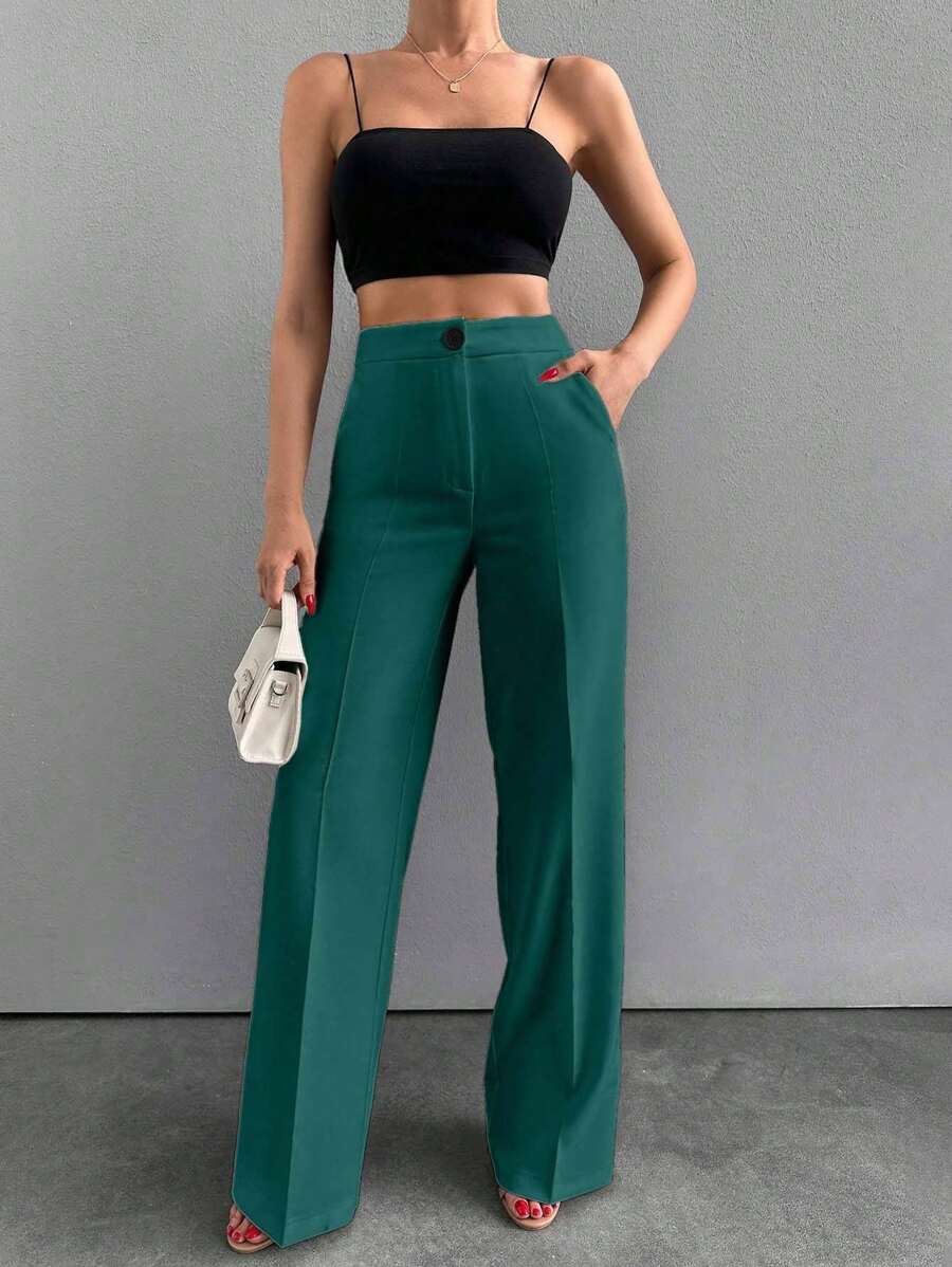 EURMUSE Women Solid Color Button Front Straight Leg Pants - Green - View 1