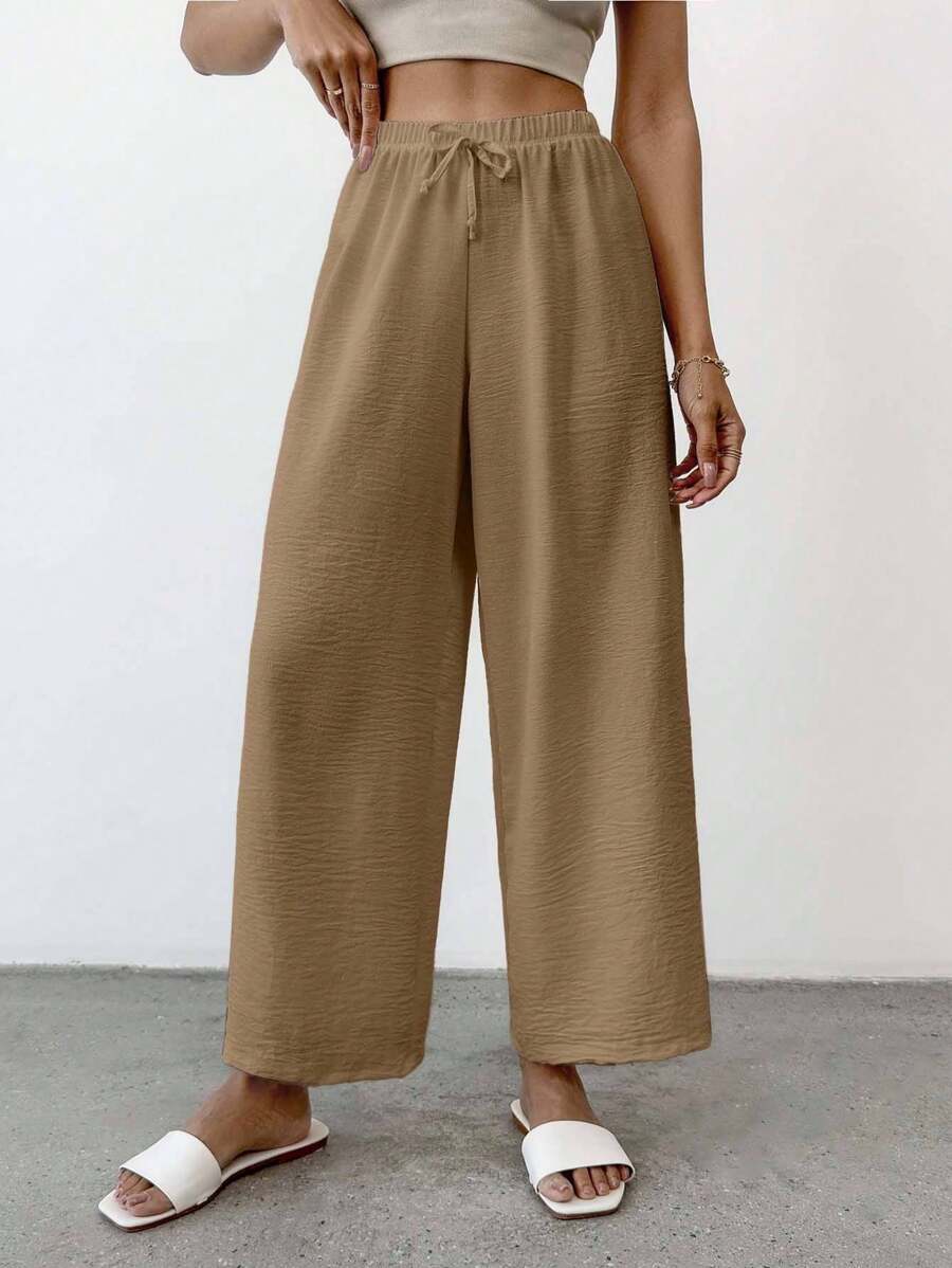 EURMUSE Pantaloni casual da donna in cotone di taglia piccola, con nodo, monocolore - Moka Marrone - Visualizzare 1