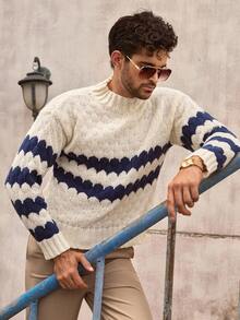 HIMLAND Maglione casual oversize da uomo con collo rotondo, a righe e contrasto di colori, maglia larga, maglione da uomo, maglieria da uomo, maglione da uomo, pullover da uomo, maglione a fantasia da uomo, maglione a righe da uomo, autunno inverno