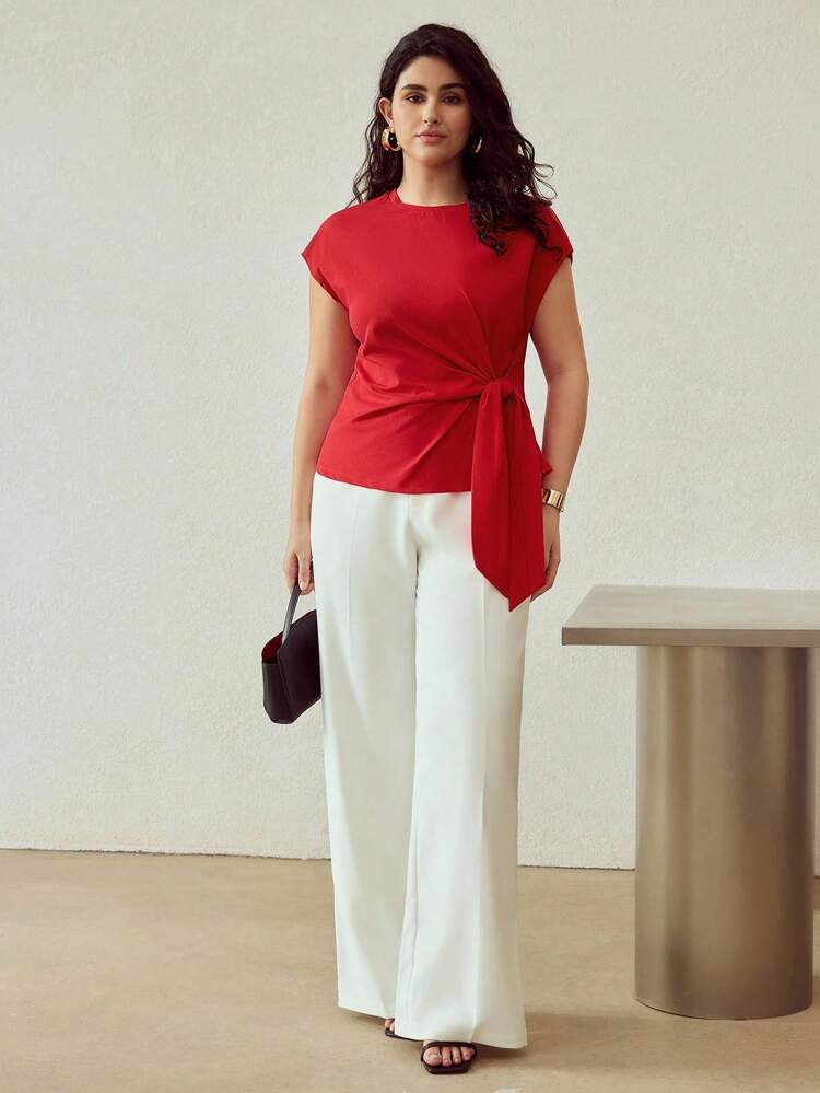 CHRISTMAS PLUS SIZE KNOT SIDE CAP BATWING SLEEVE SOLID T-SHIRT