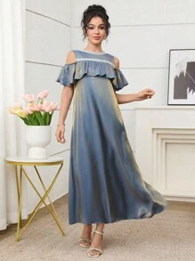 Yasmyna Women's Off-Shoulder Ruffle Trim Round Neck Fashion Summer Arabic Style Dress - Blue - View 6