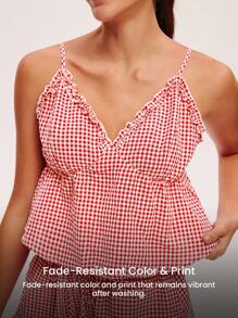 LUVLETTE 夏季女士红色格子图案纯棉V领吊带背心可爱睡衣上装和短裤套装，透气性感可爱睡衣套装，荷叶边长裤带口袋，内衣外穿舒适居家必备，平衡百搭，也适合青少年女孩、年轻女孩和儿童。 - 紅色 - 查看 8