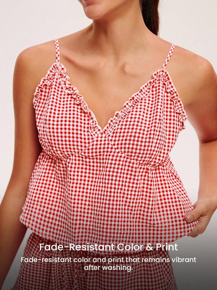 LUVLETTE Women Red Plaid Patterned Cotton V-Neck Camisole Cute Sleep Top & Shorts Airy Sexy Cute Pajama Set Ruffled Pants With Pockets Lingerie As Outerwear Cozy At Home Checks And Balances Also Suitable For Teen Girl & Young & Kid - Red - View 7