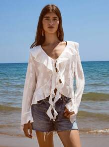 Maija 2025 年夏季新款奶油黄色浪漫荷叶边饰边、系带腰带、不对称下摆、提花纹理面料女式吊带背心，现代优雅休闲办公室日常穿着，适合婚礼宾客、工作、旅行、派对、乡村街头风格、独立日、约会、返校、Y2K 秋季 - 白色 - 查看 4