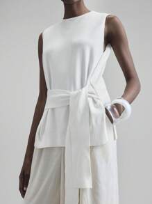 Ontre 2025 New Women's Clothing, Autumn/Winter Apparel, All Season Wear, Winter Clothing, Back To School Outfits, Halloween & Christmas, Women's Teacher Attire, Outerwear, Night Out Dresses, Wedding Guest Dresses, Elegant Wedding Guest Outfits, Church Attire, Women's Business Casual, Versatile Commuter Fashion, Office Tea Party, Independence Day Office Looks, Summer 2025 Solid Color Knotted Waist Side Slit Hem Sleeveless Knit Top - White - View 1