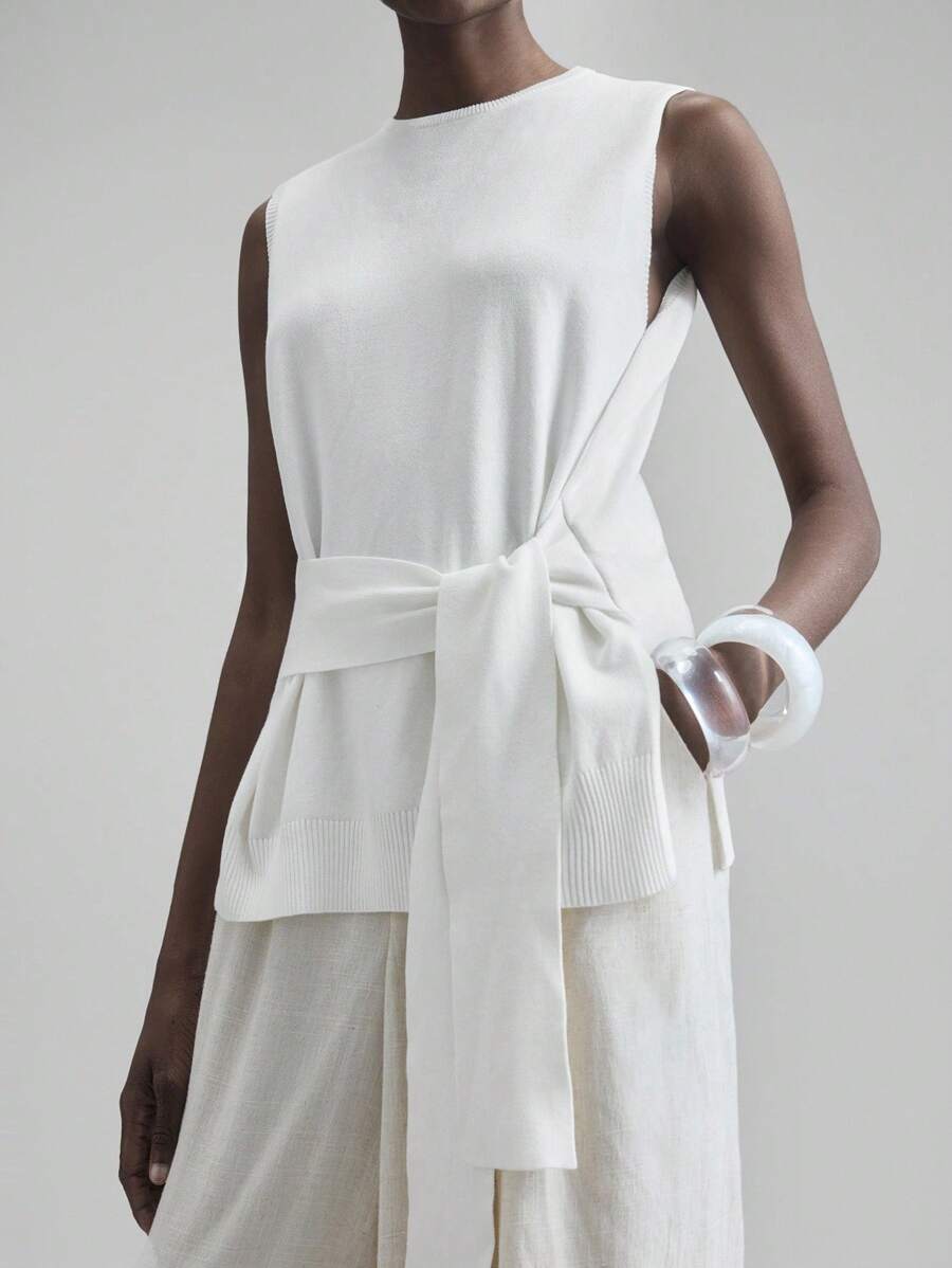 Ontre 2025 New Women's Clothing, Autumn/Winter Apparel, All Season Wear, Winter Clothing, Back To School Outfits, Halloween & Christmas, Women's Teacher Attire, Outerwear, Night Out Dresses, Wedding Guest Dresses, Elegant Wedding Guest Outfits, Church Attire, Women's Business Casual, Versatile Commuter Fashion, Office Tea Party, Independence Day Office Looks, Summer 2025 Solid Color Knotted Waist Side Slit Hem Sleeveless Knit Top - White - View 1