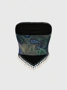 ROMWE Áo ống bohemian in họa tiết Paisley, tua rua hạt gỗ trong suốt, họa tiết miền Tây, phong cách hippie, lễ hội âm nhạc cowgirl miền Tây mùa hè cho nữ - Nhiều màu - Xem 2