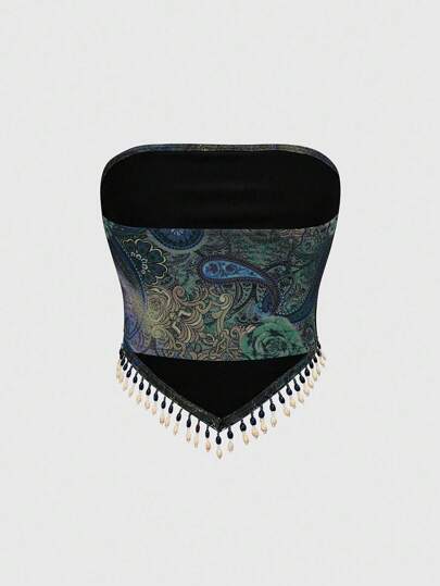 Hippie Summer Hippie Retro Western Cowgirl Music Festival Transparent Wooden Bead Tassel Hem Paisley Print Bohemian Tube Top For Women