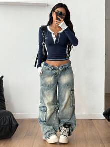 Coolane Women Casual Colorblock Half-Button T-Shirt - Navy Blue - View 5