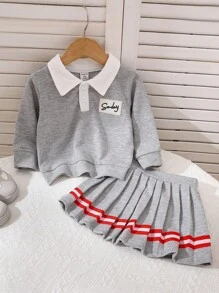 Souflis Souflis 2 件套女婴 2025 春秋学院风长袖灰色休闲时尚上衣 + 百褶裙甜美装 - 灰色 - 查看 3