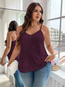 Reflora Plus Size Summer Casual Solid Color Lace Camisole Lace Tank Top - Maroon - View 5