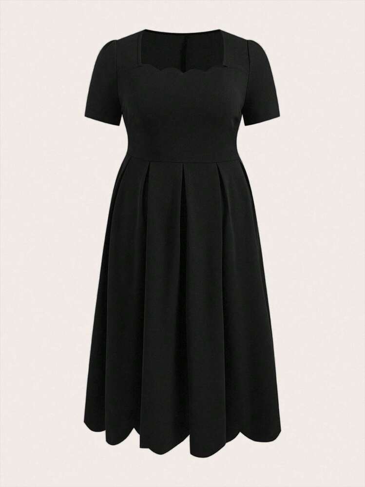 Ellevyn 加大码优雅女士连衣裙，方领，贝壳边，纯色 - 黑色 - 查看 7