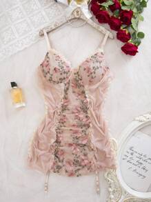 SHEIN 大码浪漫田园系列蝴蝶刺绣拼布透明网眼褶皱内衣裙（带钢圈）