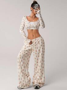 SHEIN ICON 女式宽松休闲熊印花运动裤 - 白色 - 查看 6