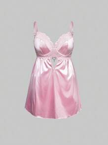 ROMWE Kawaii Baby Doll Silky Satin Lace Patchwork Plus Size Sexy Dress Set - Pink - View 10