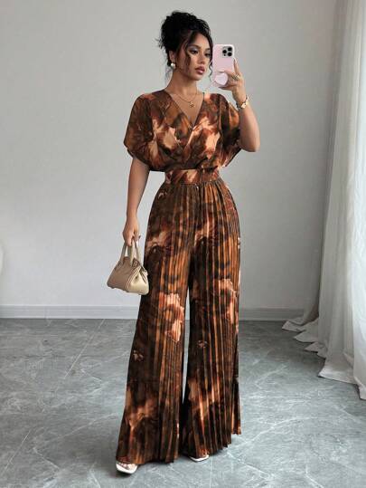 Elenzga Women's Casual Floral Print Pleated Jumpsuit, Summer