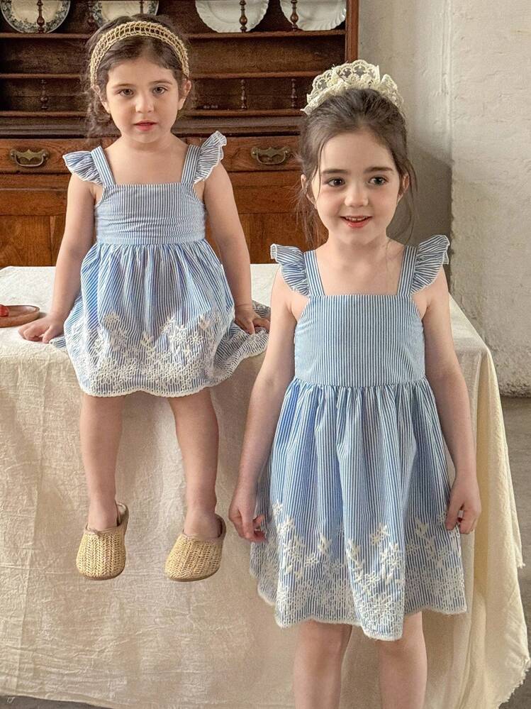 LMoss Kids 女婴梭织刺绣图案方领荷叶边修身连衣裙 女童夏季连衣裙 女童春季连衣裙 女童夏季服装 女童春季服装 姐妹装 蝴蝶结春季连衣裙 女婴连衣裙 公主裙 优雅连衣裙 - 藍白色 - 查看 5