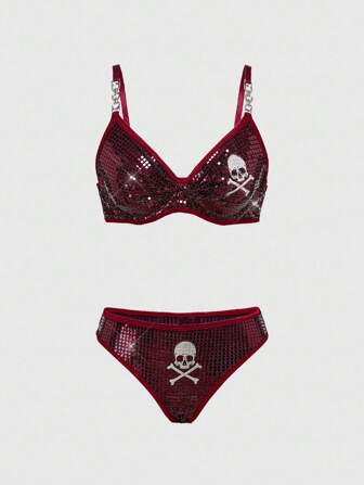 Goth Conjunto de lencería con aros, con diseño de calavera con lentejuelas, de estilo gótico, para fiestas de música y Halloween, para mujeres