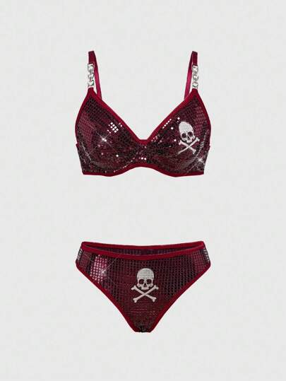 Goth Set di lingerie con ferretto, con teschio luccicante, di stile gotico, adatto per festival musicali, feste di Ognissanti, per donne