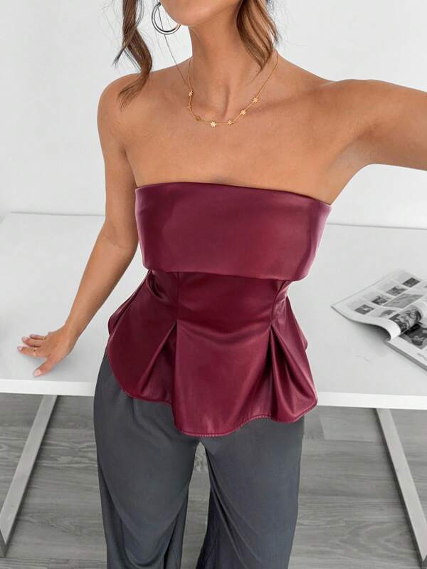 Siren Gaze Canotta in pelle PU con orlo plissettato da donna