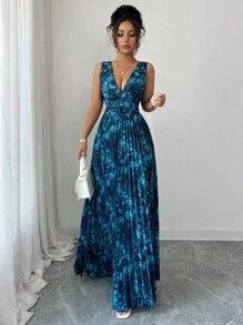 Elenzga 无袖 V 领腰部镂空 A 字形褶皱花卉优雅浪漫女士连衣裙 - 彩色 - 查看 3