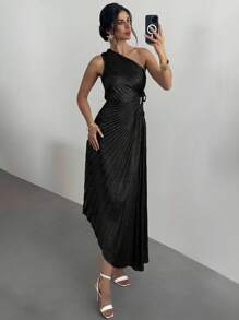 Firerie Damen Neuer Stil Gold Plissee/Asymmetrischer Saum Kleid, Gold Einschulter Kleid, Brautjungfern Kleid für Hochzeitsfeier, geeignet für Strandurlaub, Gartenfest, romantische Hochzeitssaison, Brautjungfer, Outdoor-Aktivitäten/Sommeroutfits/Abschlussballkleid/Urlaubsoutfits/Partys