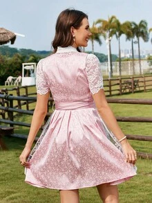 Firerie 女士优雅慕尼黑啤酒节蕾丝边方领交叉系带可拆卸蕾丝围裙 A 字粉色短裙、连衣裙 - 粉色 - 查看 3