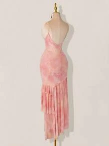 Sweetina 优雅甜美的粉色美人鱼裙，复古细肩带雪纺串珠长礼服，适合舞会和派对 - 粉色 - 查看 9