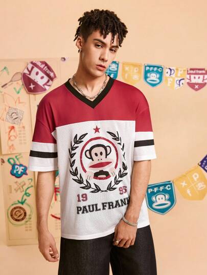 Paul Frank X SHEIN Camiseta de manga corta con estampado de mono y parches de malla para hombre en verano