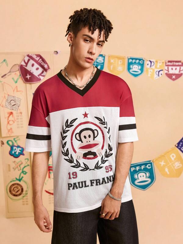 Paul Frank X SHEIN Men's Summer Patchwork Mesh Monkey Print Short Sleeve T-Shirt