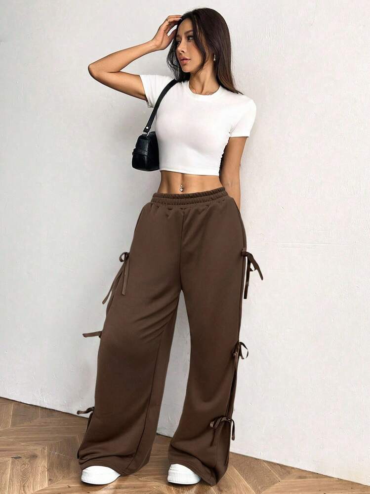 SHEIN EZwear 女士休闲运动裤，带蝴蝶结抽绳，咖啡棕色 - 咖啡棕 - 查看 5